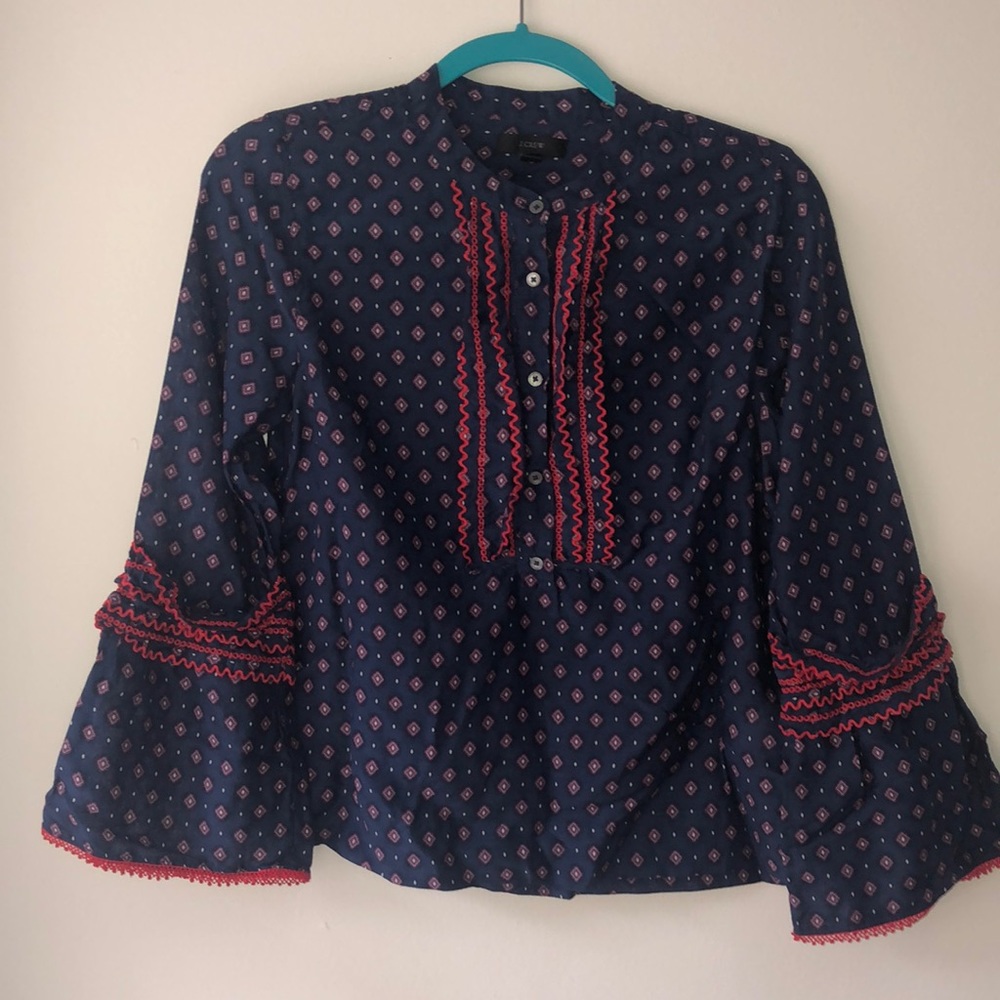 J. Crew Navy Ruffle Embroidered Bell Sleeve Blouse